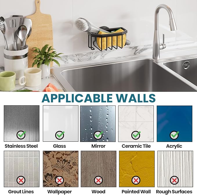TAILI Sponge Holder for Kitchen Sink with Strong Suction Cup, Rustproof Aluminum Sink Caddy for Sponges, Brushes, Stoppers & Scrapers, Black