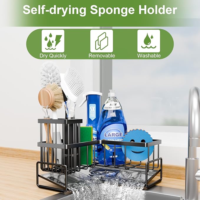 Large Sponge Holder for Kitchen Sink, 90-Degree Sink Caddy Organizer with Dish Brush Holder for Countertop Corner Storage Rack, Metal L-Shaped Kitchen Sink Sponge Soap Organizer Storage Ideas