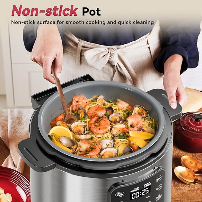 CARORI Electric Pressure Cooker 6 Quart Silver, Non-stick Pot, 9-in-1 Instant Pot, 12 Preset Functions with Touchscreen, Safe Steam Release, Stew, Slow Cook, Rice, Sauté, Warmer