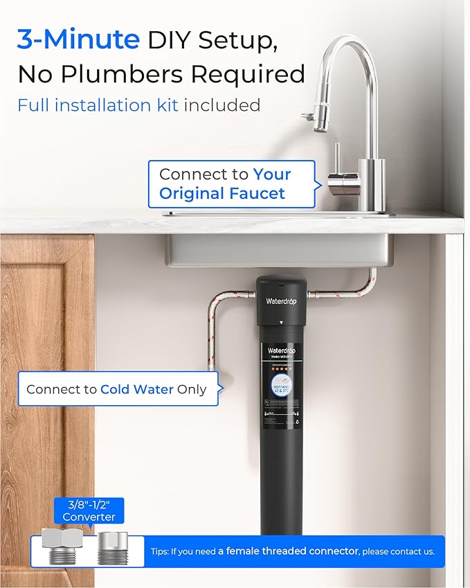 Waterdrop 17UA Under Sink Water Filter, 3 Years, Under Sink Water Filtration System, Reduces PFAS, PFOA/PFOS, Lead, Chlorine, Under Sink Water Filter, NSF/ANSI 42 Certified