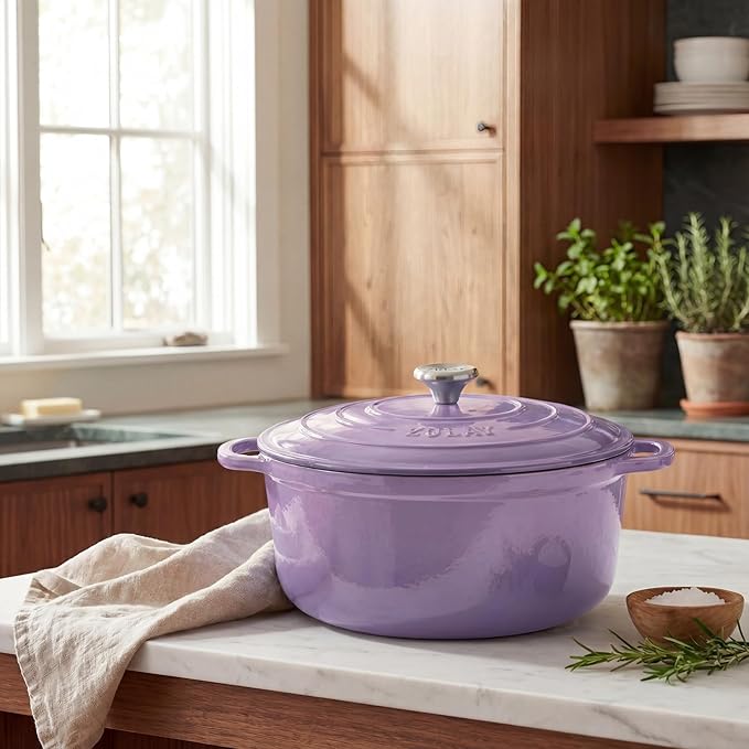 Zulay Kitchen 6 Quart Enameled Cast Iron Dutch Oven Pot with Lid – Premium Durability & Oven Safe up to 500°F – Heavy Duty Cookware Perfect for Bread Baking, Stews, Braising & Roasting - Lavender Jade