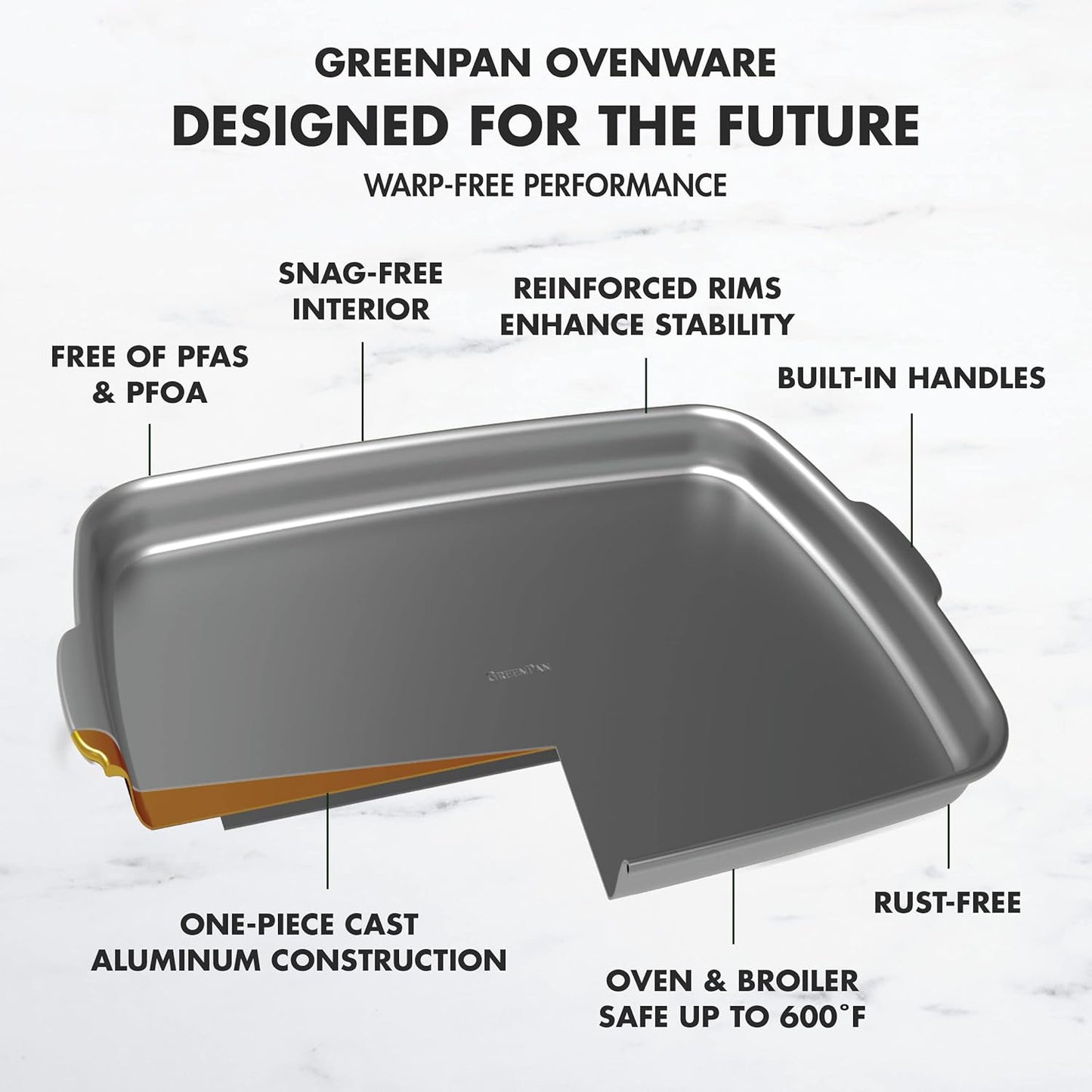 GreenPan Premiere Ovenware Healthy Ceramic Nonstick 8" Square Cake Baking Pan, Cast Aluminum Bakeware, Warp-Free, Oven and Broiler safe to 600F, Dishwasher Safe, PFAS-Free, Gray