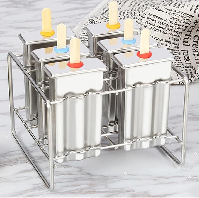 Stainless Steel Popsicle Molds, Set of 6 Ice Cream Maker, Ice Pop Molds With Holder, Metal Reusable Homemade Popsicle Molds with Sticks and Bags (Flat Head, with Slot)