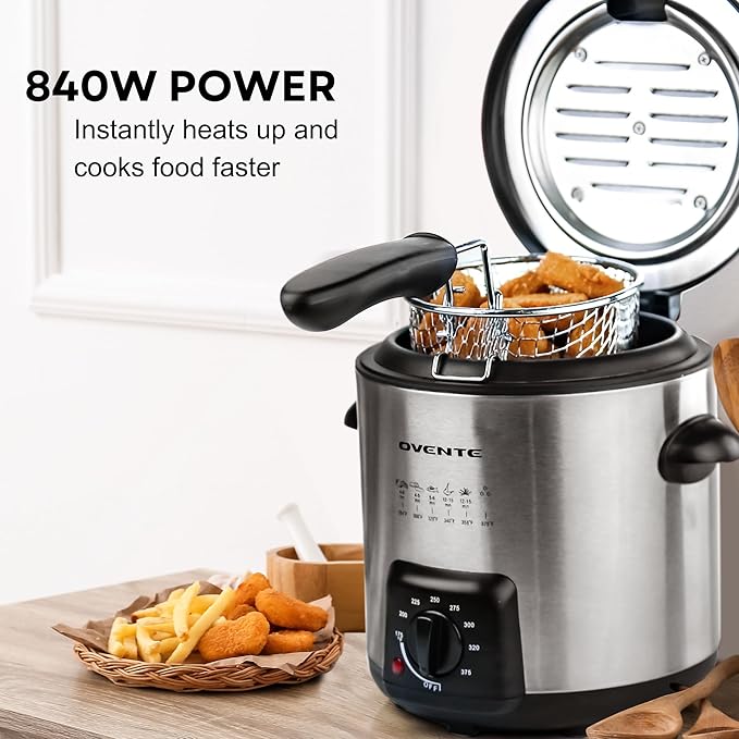 OVENTE Electric Deep Fryer, 0.9L Capacity, 840W with Adjustable Temperature, Locking Lid, Removable Fry Basket & Cool-Touch Handles, Stainless Steel Countertop Fryer, Silver FDM1091BR
