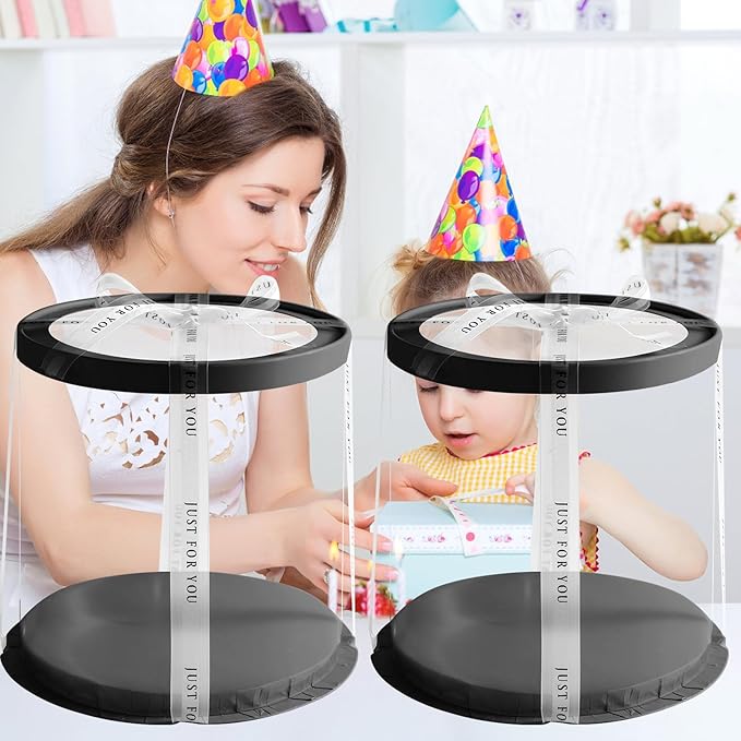 JCD 6Pcs 8.5 * 9.5inch Round clear cake boxes with Ribbon,Ideal for 7inch and 6inch Tall Layer Tiered Cakes,Multi-Layer cake boxes for Christmas Bakery Treat (Black, Round 8.5inch/6pcs)