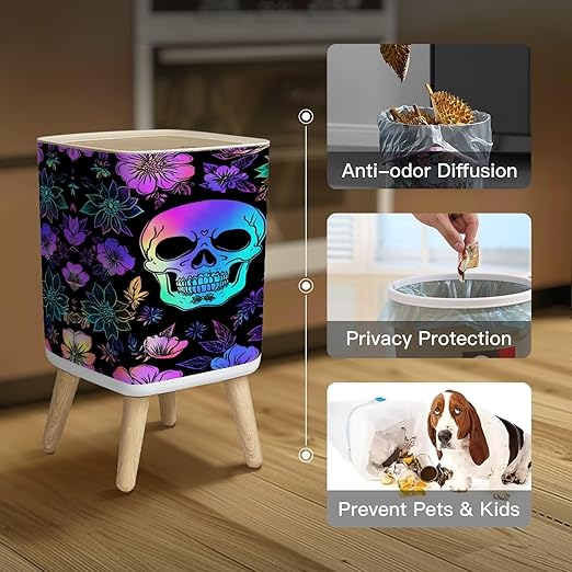 Small Trash Can with Lid Seamless Holographic Bright Human Skulls Flowers Wastebasket with Press Cover Dog Proof Garbage Can Waste Bin for Kitchen Bathroom Nursery 2.6 Gallon