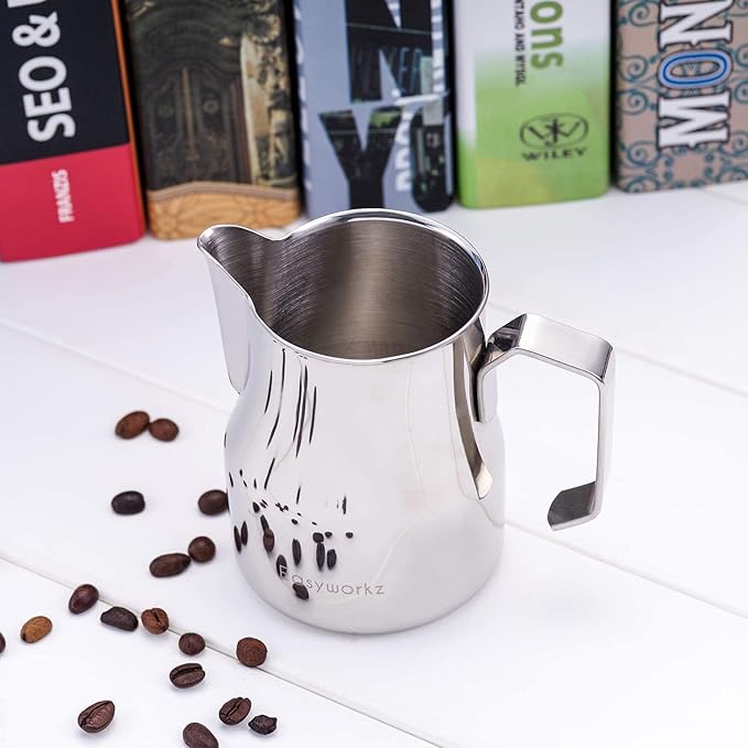 Easyworkz Stainless Steel Espresso Cup 2pcs Set Double Wall 5 oz, Bundled Espresso Steaming Pitcher Stainless Steel 12 oz Coffee Frothing Picther Milk Jug Cappuccino Latte Art Cup