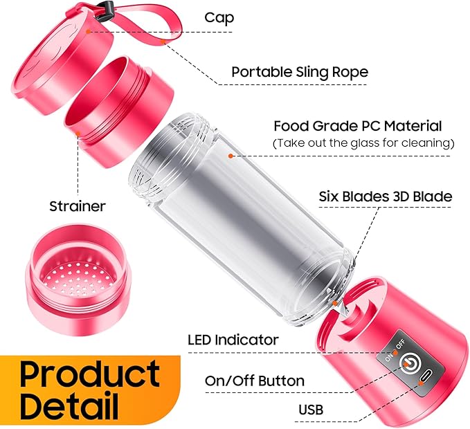 Cordless Portable Personal Size Blender - Mini Blender Make Smoothies and Shakes, 380Ml BPA Free Travel Cup, Powerful Blending Suit in Office/Home/Gym, Mother's Day