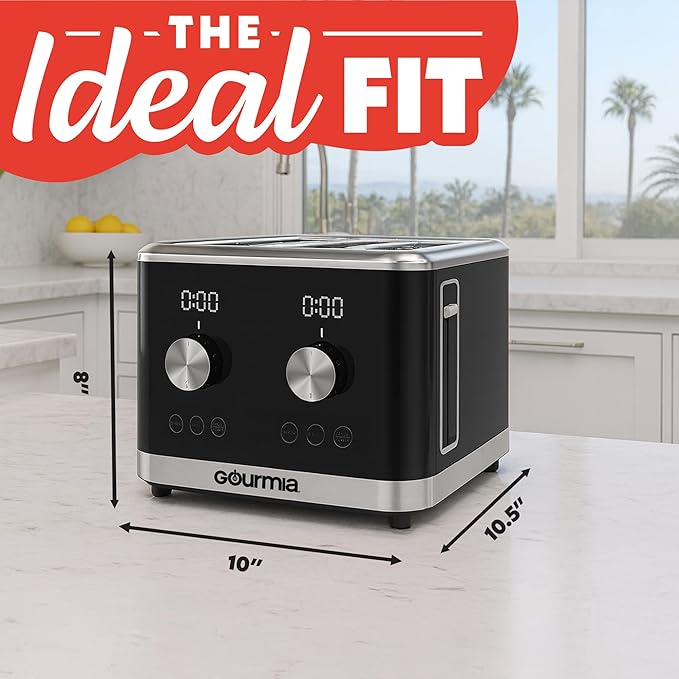Gourmia 4 Slice Toaster, Double-Sided – Dual Independent Controls, Bagel, Defrost & Reheat Mode, 6 Browning Levels, Extra Wide Slots, Removable Crumb Tray, Compact Design, Black