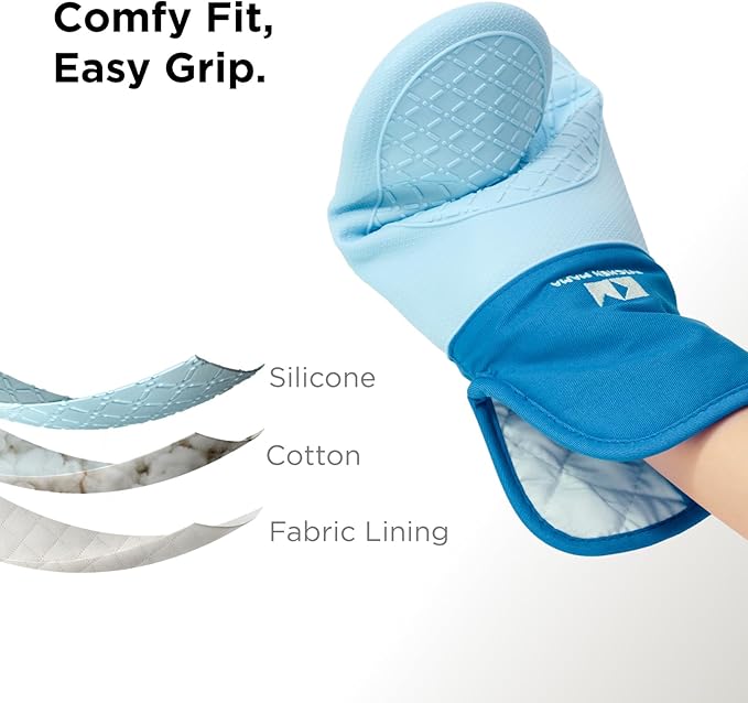 Kitchen Mama UltraShield Silicone Oven Mitts – Heat Resistant, Non-Slip Surface, Durable, Safe, Pot Holders, Flexible Waterproof Glove Set, Perfect for Cooking, Baking, Grilling, BBQ (Blue)