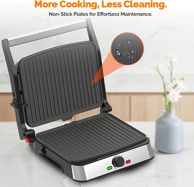 Electric Panini Press Grill and Sandwich Maker / 8.5" x 11" Non-Stick Coated Plates, Opens 180 Degrees to Fit Any Type or Size Food, Dishwasher Safe, Sliver