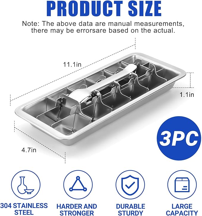 3 Pack 18-Slot Ice Cube Trays Stainless Steel - Professional Heavy Duty Metal Icecube Mold, Non-Toxic Freezer Tray with Lever Release, Bar & Kitchen Use, Send Goods from Local Warehouse