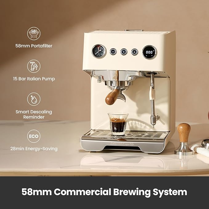 Gemilai G3028A Espresso Machine, 15 Bar Professional Coffee Maker with Adjustable Pressure & Automatic Milk Frother, Dual PID & 550ml Boiler, 57oz Tank, Stainless Steel for Cappuccino, Latte White