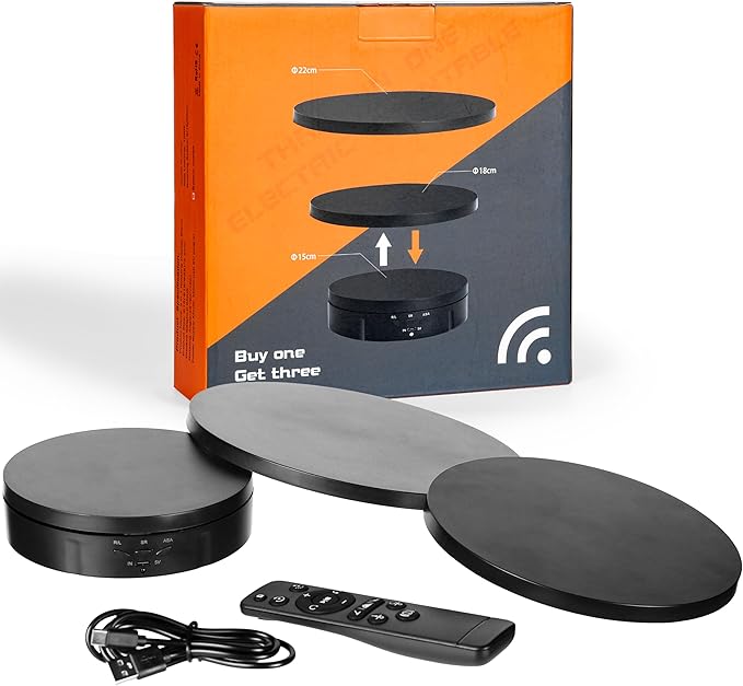 Remote control Motorized Rotating Display stand - 360° Electric Rotating Platform | 3-in-1 Sizes - 5.74", 7.08" and 8.66" Replacement Covers - Rechargeable Turn Table - Live Streaming & Photography