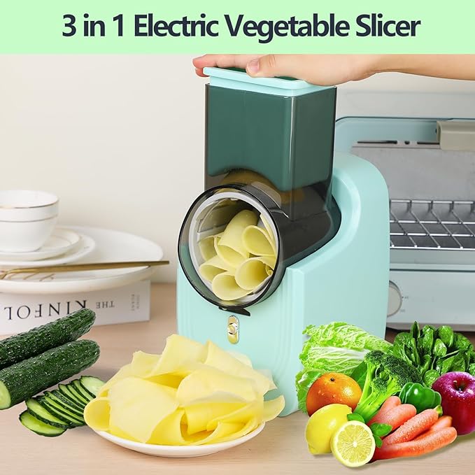 Electric Vegetable Slicer, Salad Shooter, 3-in-1 Electronic Fruit Shredder, Cheese Grater for Home Kitchen Use, Electric Grater with 3 Type Blades Stainless SteelA