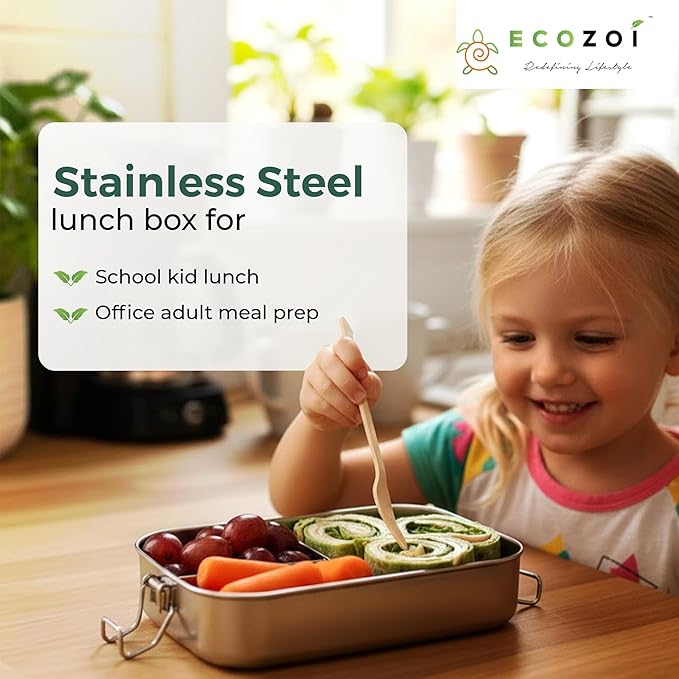 ecozoi Stainless Steel Lunch Box, 1-Tier Metal Bento Box Leak Proof with 5 Compartments, 50 Oz Metal Lunch Container, Meal Prep Food Container, with 50 ml Sauce Container