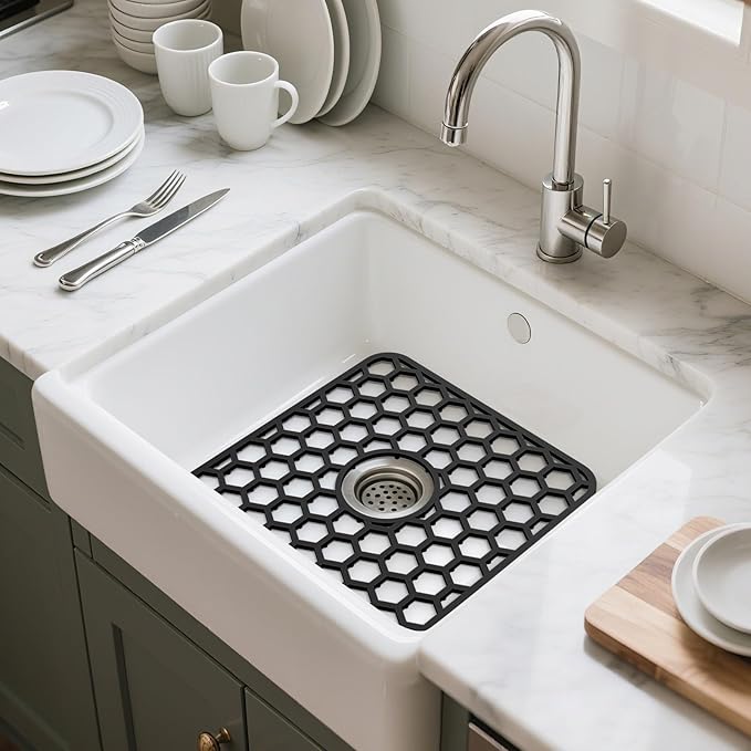 Bestjing 2 Pack Silicone Sink Protectors for Kitchen Sink - 12" x 11" Kitchen Grid Accessory, Non-Slip Heat-Resistant Mat for Bottom of Porcelain Stainless Steel, Dishwasher Safe (Black)