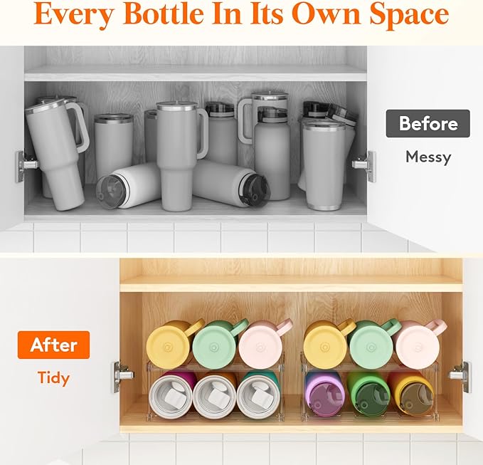 Lifewit Stackable Bottle Storage Organizer, Clear Freestanding Wine Holder for Cabinet, Large Slot Water Bottle Tumbler Cup Organizer for Pantry, Plastic Wine Rack for Fridge Cellar, 2Tier Hold 6