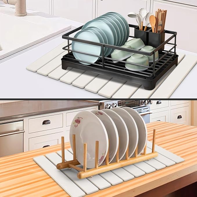Large Stone Dish Drying Mats for Kitchen Counter, 24"(L)×16"(W), Quick Drying Collapsible Dish Drying Mats, Eco-Friendly Absorbent Diatomaceous Earth Mats for Dishes Bottles Cups, Match Any Countertop