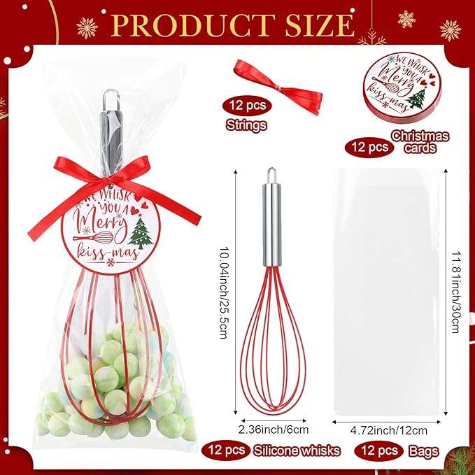 12 Sets 10 Inch Christmas Whisks Gifts DIY Fillable Christmas Tree Ornaments Xmas Colored Silicone Whisks for Cooking Heat Resistant Egg Beaters with Card Rope Bag for Candy Holder