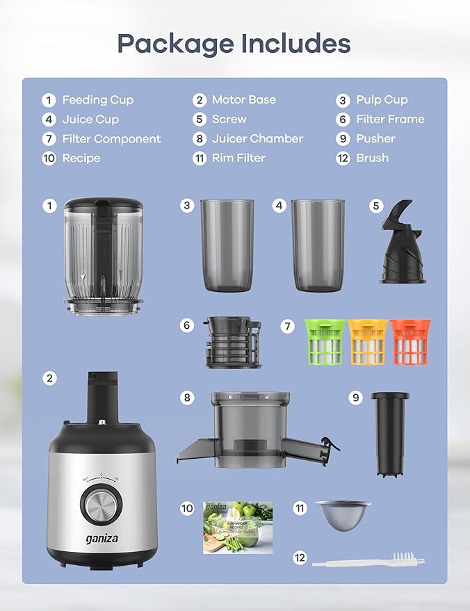Ganiza Cold Press Juicer, 4.3" Compact Space-Saving Design Juicer Machine with 3 Replaceable Filters, One-Touch & Ultra-Quiet Operation, BPA-Free Easy to Clean, Silver