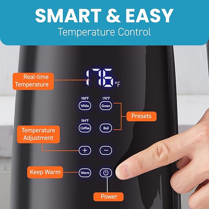 Elite Gourmet 1.7L Dual Wall Cool Touch Electric Tea Kettle, Borosilicate Glass, 304 Stainless Steel Interior, Programmed Digital Touchscreen, Keep Warm, Auto Off & Audible Indicator, Black