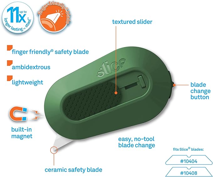 Slice Mini Box Cutter | Manual Retracting | Safe Ceramic Box Cutter Lasting 11x Longer than Metal | Box Opener | 1 Pack | Sage