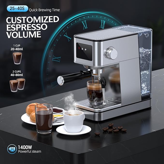 20 Bar Espresso Machine with Milk Frother, Stainless Steel Coffee Maker with Touch Screen & Cold Brew, 45s Fast Heat Small Cappuccino & Latte Machine with 57.5oz Removable Water Tank for Home, Silver