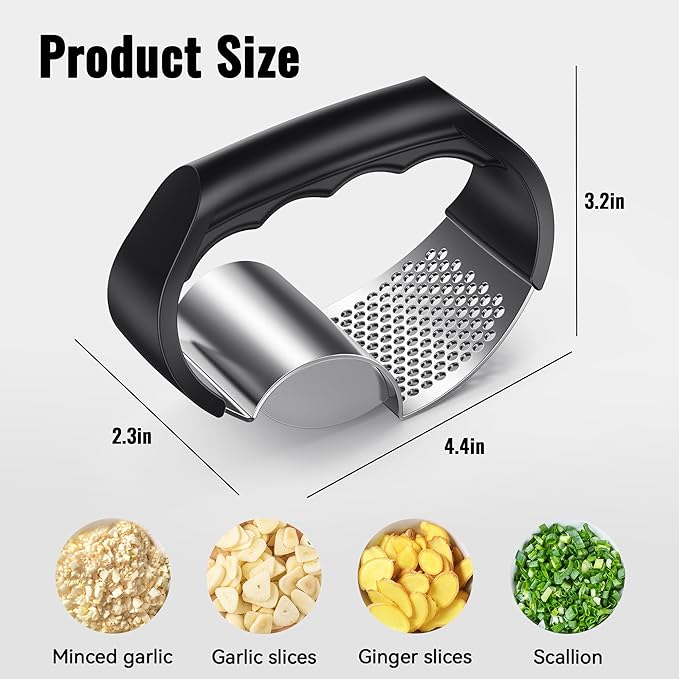 Garlic Press Rocker - Stainless Steel Garlic Crusher, 2-in-1 Easy Kitchen Gadget for Effortless Smashing
