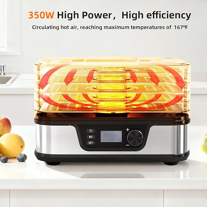 Kndko Food Dehydrator 350W Machine With Digital Adjustable Temperature and 72H Timer,5 BPA-Free Stainless Steel Trays for Fruits Vegetables and Meat