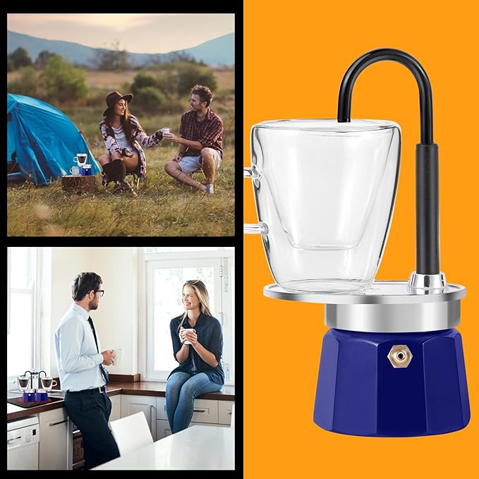 MVPLUE-Mini Express Swiss Single Tube Moka Pot Aluminum Blue，Moka Set includes One Double Wall 3oz Cup,Enjoy delicious coffee in no time