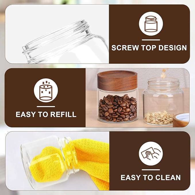Glass Jars with Airtight Lid, 2 Pack 8oz 240ml Glass Storage Jars with Wood Lids, Screw Top Wide Mouth Kitchen Canister, Sugar and Coffee Containers for Tea, Spice, Candy, Oatmeal, Bean, Herb