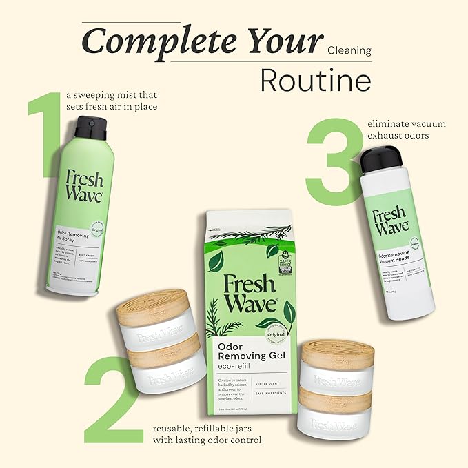 Fresh Wave Odor Removing Gel Eco-Refill, 63 oz. Original Scent | 4 Empty Refillable Glass Jars | 4 Room Set