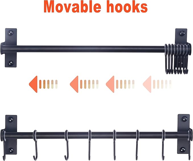 Dseap Kitchen Utensil Holder Hanger, Pot and Pan Rack Wall Mount, Kitchen Rail with 8 Hooks for Hanging Cooking Utensils, Mugs, Spoons, Wall Mounted, Stainless Steel, Black