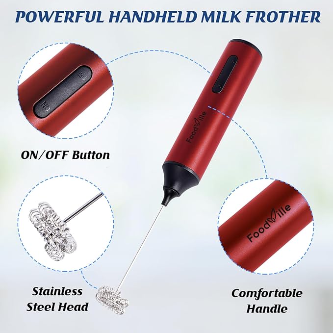 FoodVille MF05 Rechargeable Milk Frother USB Charging Handheld Foam Maker with Stainless Balloon Whisk for Cappuccino, Latte, Bulletproof Coffee, Keto Diet, Protein Powder, Matcha (Red)
