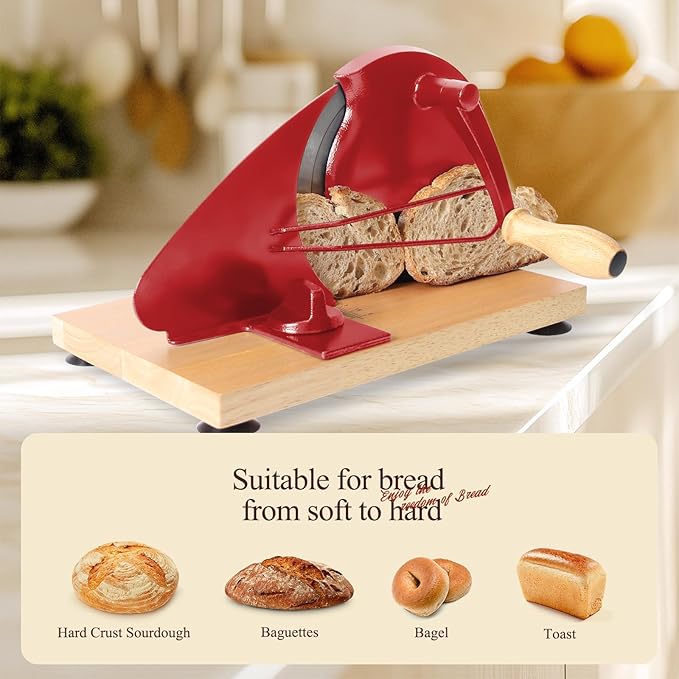 Manual Bread Slicer for Homemade Bread,Even Slicing Thickness-Adjustable Slices,Sourdough Slicer with Scale Lines&SuperStrong SuctionCup Fixation (Red-Guide)