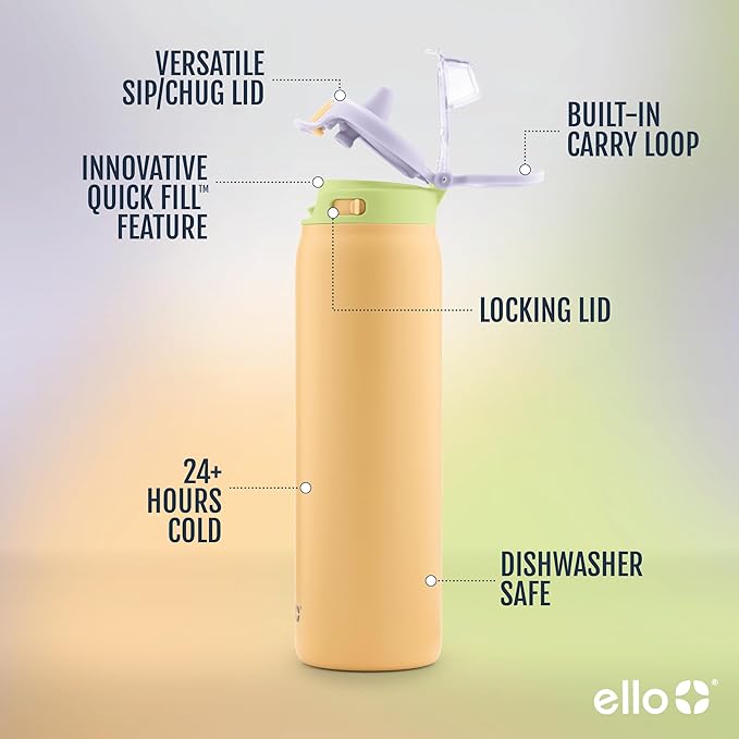 Ello Pop & Fill 32oz Stainless Steel Water Bottle with Quick Fill Technology, Double Walled and Vacuum Insulated Metal, Leak Proof Locking Lid, Sip and Chug, Reusable, BPA Free, Sunset Meadow