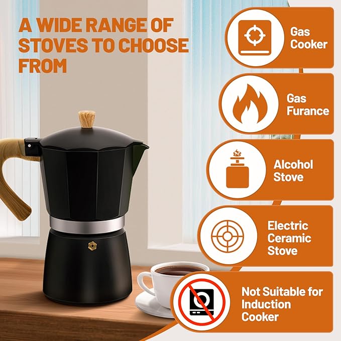 6 Cup Aluminum Espresso Stovetop Moka Pot Express Coffee Maker Percolator Italian Classic Mocha Coffee Machine for Italian and Cuban Cafe Brewing for Home & Camping 300ml 10oz