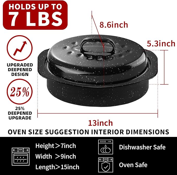 DIMESHY 13Inch Roasting Pan, Enamel on Steel, Black Covered Oval Roaster Pan with Lid, Small Cookware for Turkey, Small Chicken, Roast Baking Pan.