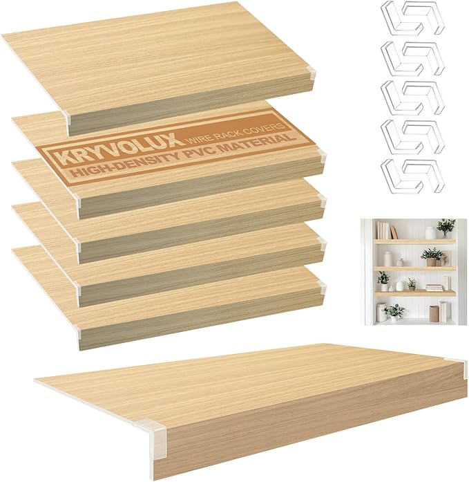 5 Pcs Wire Rack Covers 24x12x2.5 inch PVC Pantry Shelf Cover 0.31 inch Thick Removable Closet Wire Rack Shelf Covers,Decoration Kitchen Bathroom Office Shelving (Wood Color,24x12x2.5inch)