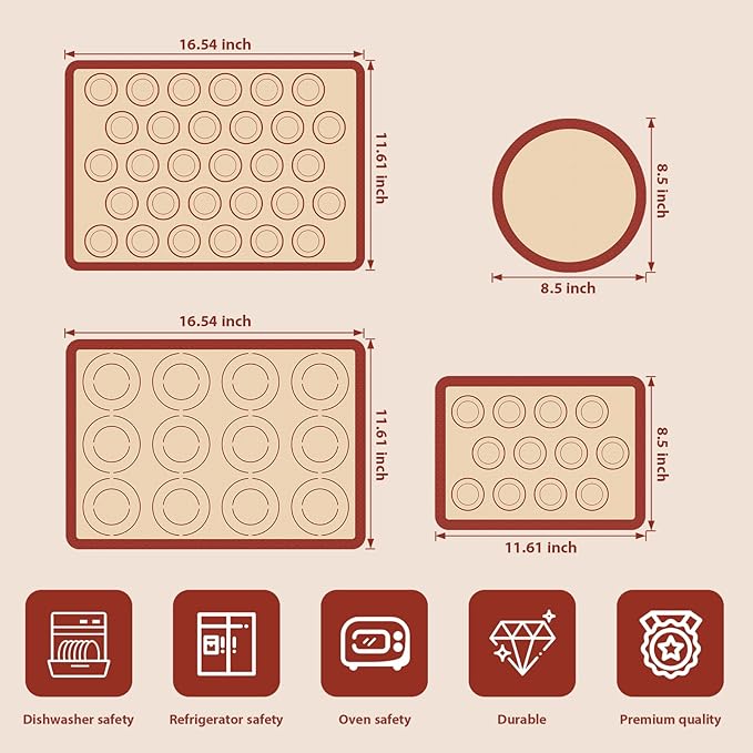 Silicone Baking Mat Set of 4, Macaron Silicone Baking Mat for Baking Sheets, Non-Stick & Reusable Silicone Mats for Baking Macarons, Cookies, Pastries, Pizza