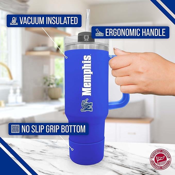 Campus Colors College & University 40 oz Travel Tumbler With Handle - Dual Option Lid With Straw - Vacuum Insulated Stainless Steel (Memphis Tigers - Royal)