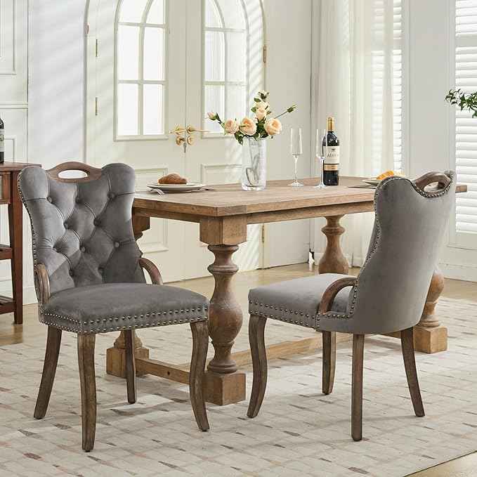 Grey Velvet Dining Chairs Set of 2，Modern Upholstered Dining Room Chairs with Tufted Back and Wood Handles, Curved Solid Wood Legs, Sillas de Comedor