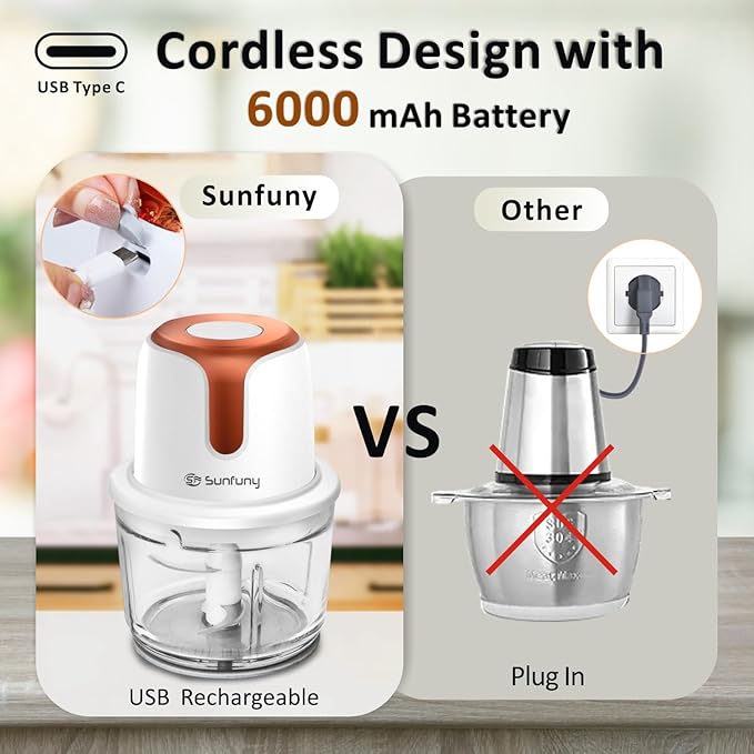 Sunfuny Cordless Food Processor, Mini Food Chopper Wireless with 5-Cup Glass Bowl, 6000mAh Battery USB-C Rechargeable Vegetable Chopper, Electric Meat Blender Garlic Grinder,Mom's Gift (Rose Gold)