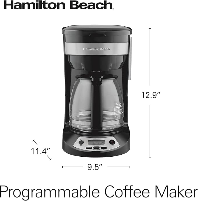 Hamilton Beach 12 Cup Programmable Drip Coffee Maker Machine, Regular & Bold Brew Options, Auto Pause and Pour, Glass Carafe, Black with Stainless Accents (46299J)