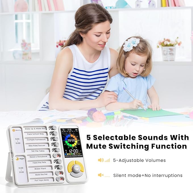 3-in-1 Visual Timer & ADHD Tool for Kids and Adults, 12/24H Silent Task Timer with Chore Chart, Daily Checklist with Pomodoro Timer, Alarm Clock - White