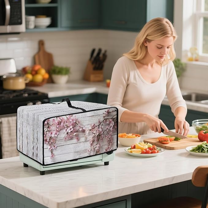 Air Fryer Toaster Oven Dust Cover Countertop Microwave Dust Cover Protector, Compatible with Convection Oven, S, 14.5 x 18.5 x 9 Inches, Peach Blossom White Wood Grain