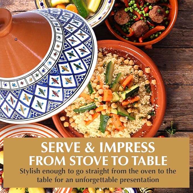 Kamsah Tagine Pot for Cooking and Flavor Enrichment - Large Clay Pot 12”, 5.5 QT - Non-Stick Handmade Cookware - Moroccan Ceramic Pots for Cooking with Lid & Serving Bowl - Bohemian Supreme Blue
