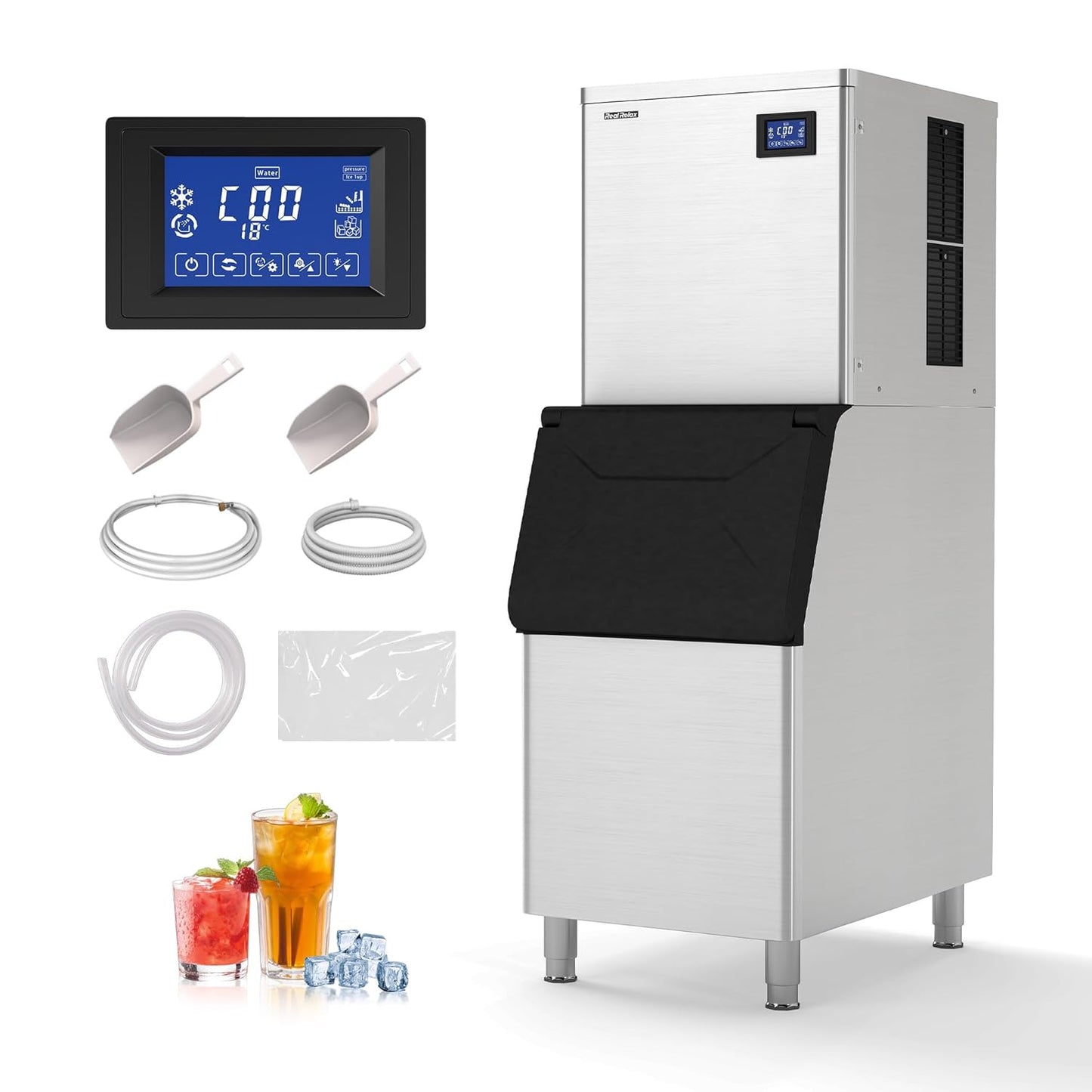 Real Relax Commercial Ice Maker 440 lbs/24H with 330 lb Storage Bin, ETL Approved Commercial Ice Machine with Automatic Self-Cleaning, LCD Display – for Restaurant, Bar, Hotel, Café