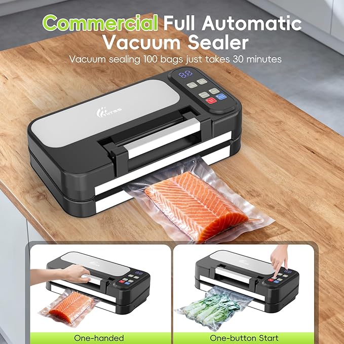 95kpa Vacuum Sealer Machine for Food, Commercial Full Automatic Food Saver Sealer, Meat Vacuum Packing Machine with Bags Storage, Built-in Cutter, Double Heat Seal, Marinate&External Vacuum